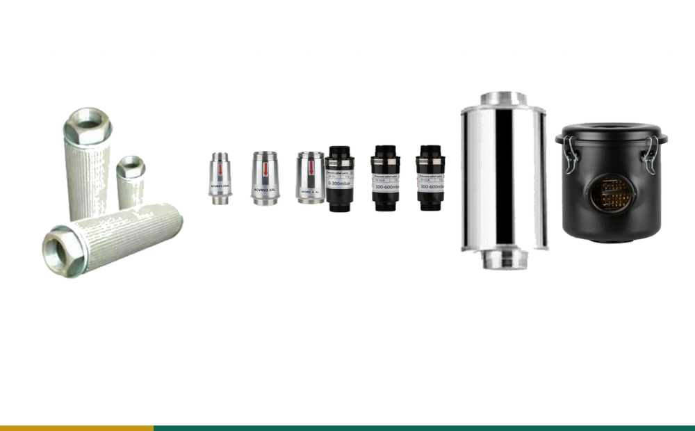 Vacuum pump filters, relief valves, silencers and filter bucket accessories